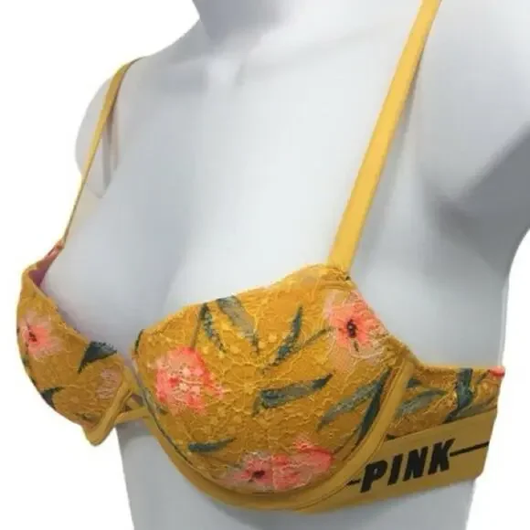 Victoria's Secret PINK Date Push Up Padded Yellow Floral Bra 34C - Picture 7 of 10